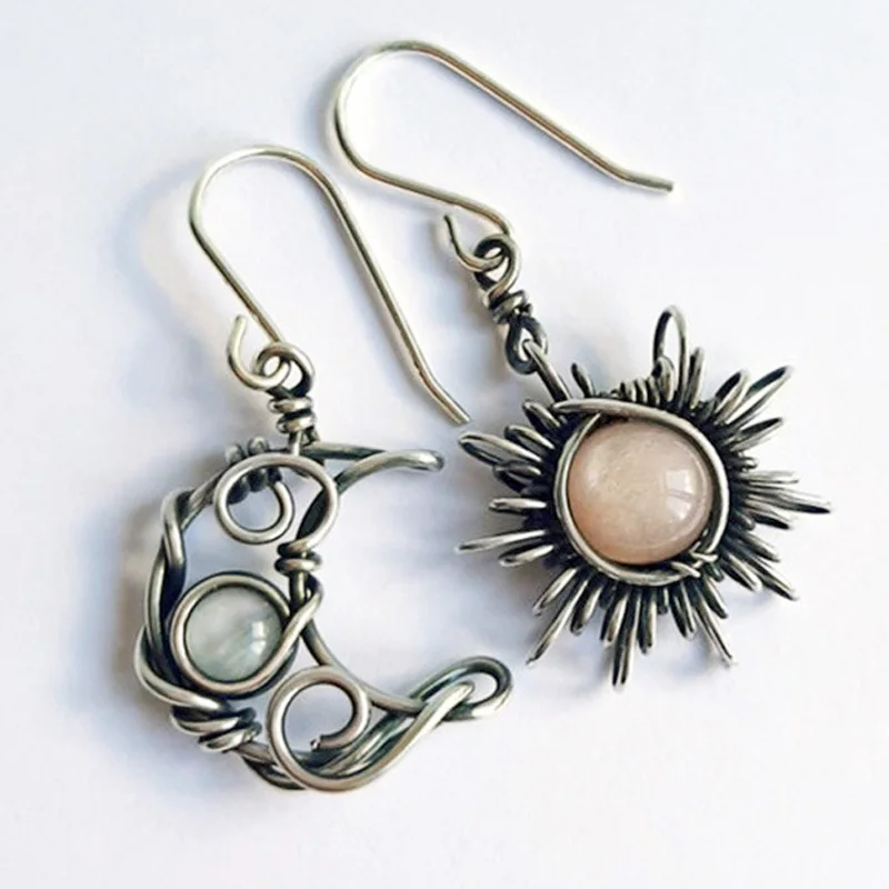

Vintage Bohemia White Moonstone Sun and Moon Earrings Silver Color Crystal Drop Earrings For Women Female Fashion Jewelry Gift