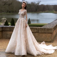 traugel luxury scoop a line lace wedding dresses delicate appliques long sleeve bride dress chapel train wedding gowns plus size
