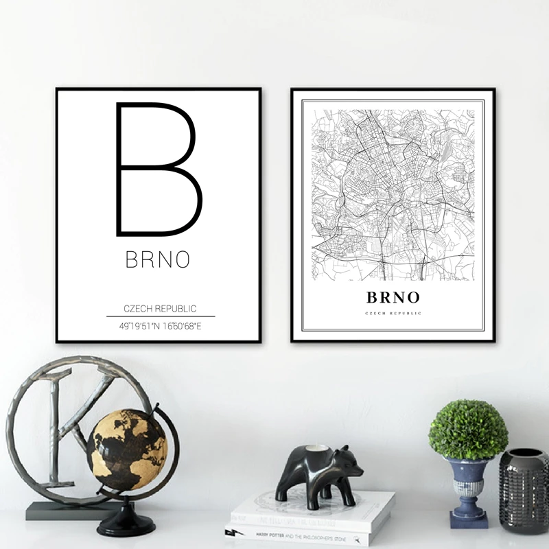 Black White Brno Czech Republic Map Canvas Poster City Coordinate Nordic Wall Art Print Painting Modern Home Decor |