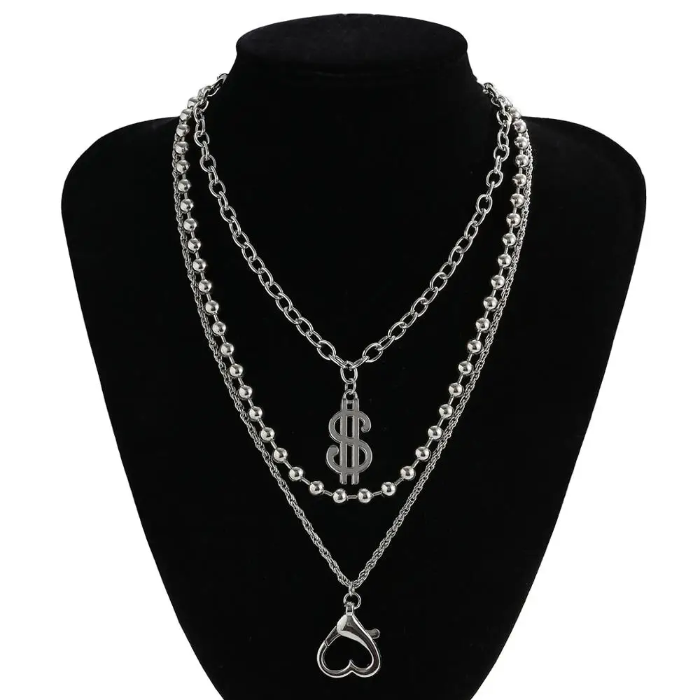 

SHIXIN 3 Pcs Layered Small Beads Choker Colar Necklace Chunky Chain With Dollar Sign Heart Pendant Necklace 2020 Fashion Jewelry
