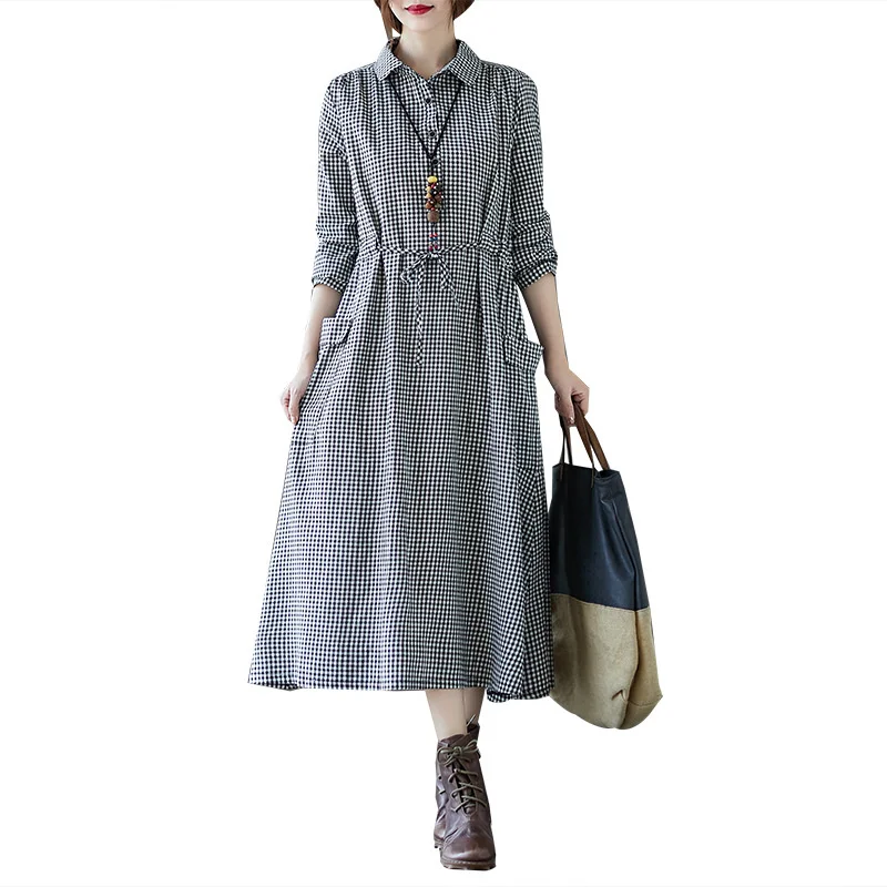 

2021 Women's Summer New Large Korean Casual Plaid Dress Single Breasted Long Sleeve Shirt Skirt Vestido Vfemage Kadife Elbise