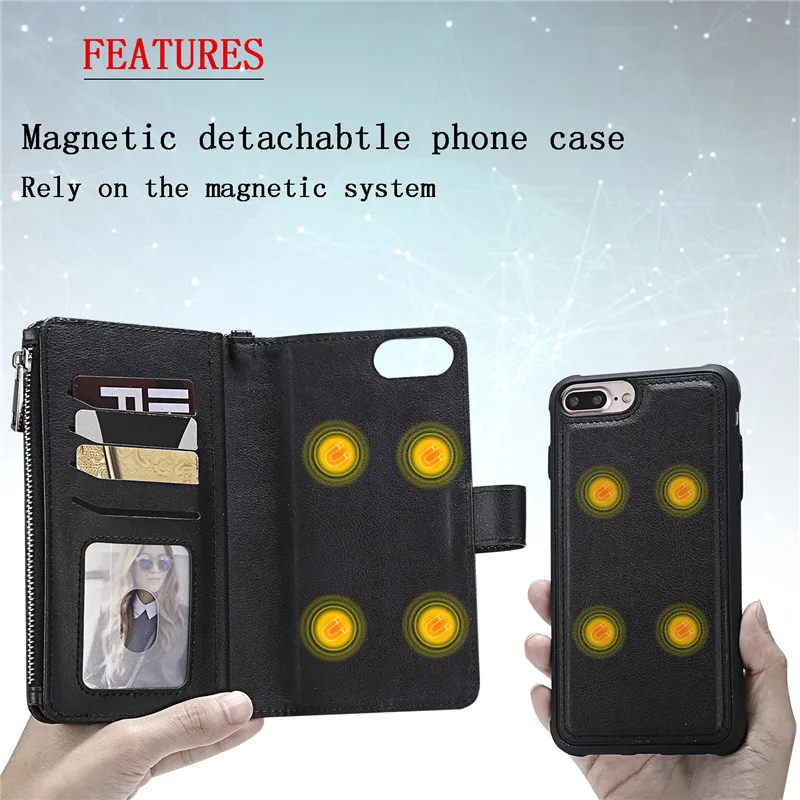 Кожаный чехол кошелек для iPhone 8 7 6 6S Plus на молнии с отделением карт 11 Pro Max XS XR X чехлы