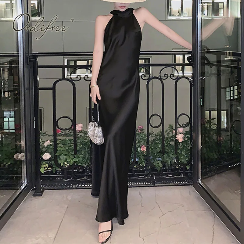 Женское длинное вечернее платье Ordifree элегантное черное атласное