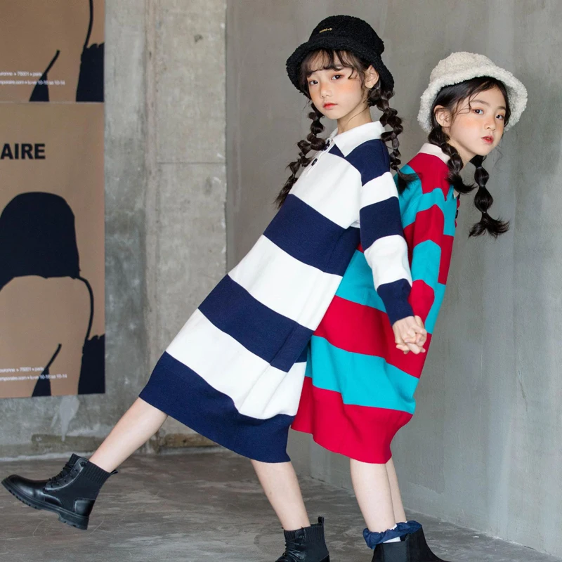 

Spring Autumn Fashion Baby Girls Long Sleeve Striped Print Dress Kids Knitted Sweater Clothes For Twins Sisters Casual Costume