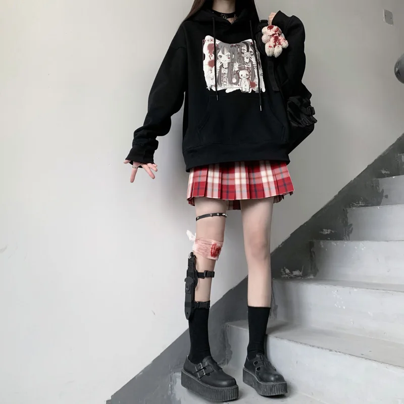 

"Dark Maiden Bear" Print Hoodies Female Japanese Gothic Thicken Loose Hooded All-match Black Pullover Women Fall Winter Tops