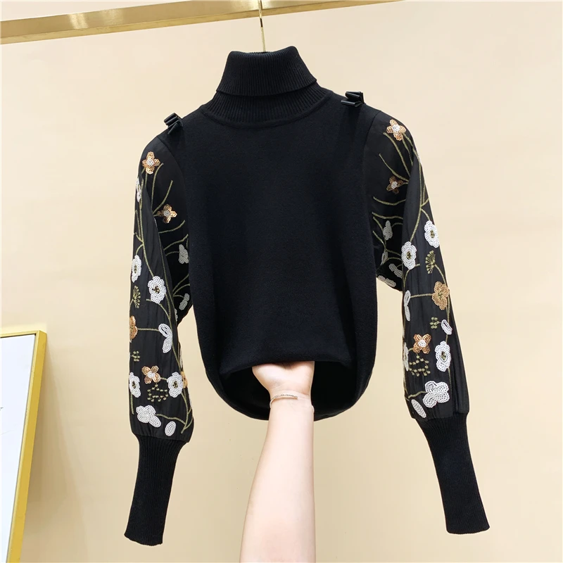 

Korean Style Turtleneck Sweater Women Floral Sequins Patchwork Pullovers Knitted Sweaters Autumn Slim Lantern Sleeve Knitwear