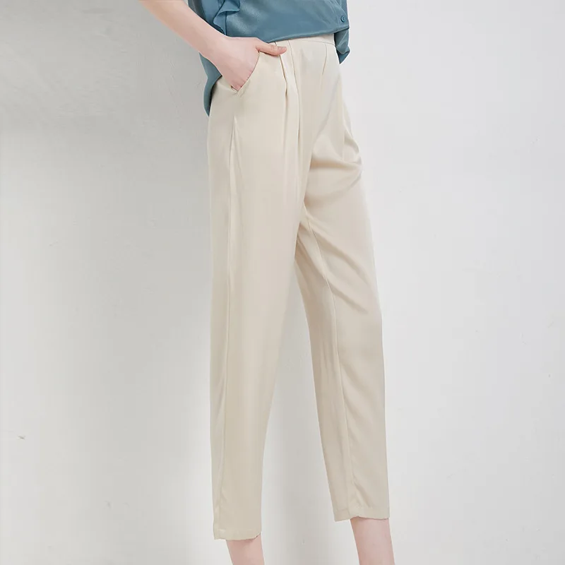 Mulberry Silk Harlan pants women summer elastic waist casual pants mulberry silk ankle-length trousers summer 20125