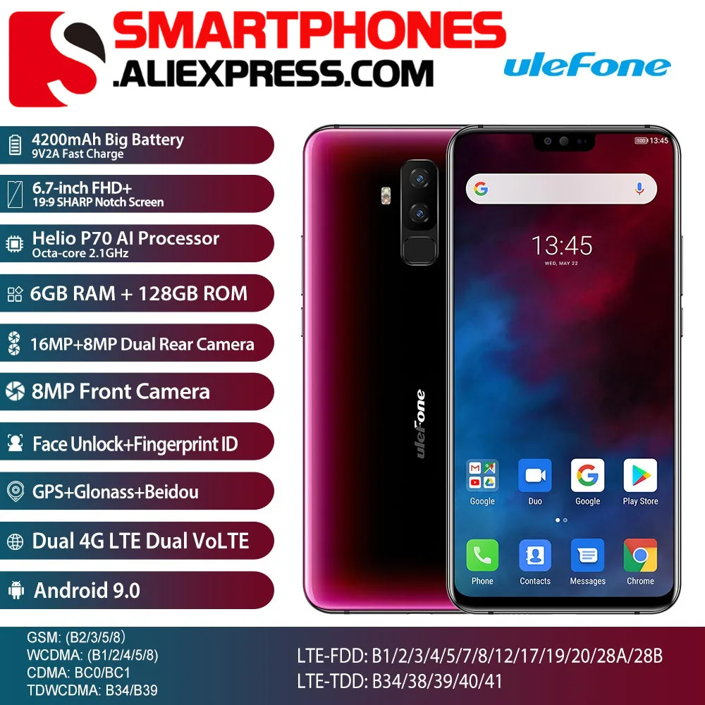 Ulefone T2 смартфон с 6 7 дюймовым дисплеем процессором Helio P70 ОЗУ ГБ ПЗУ 128 16 Мп + 8