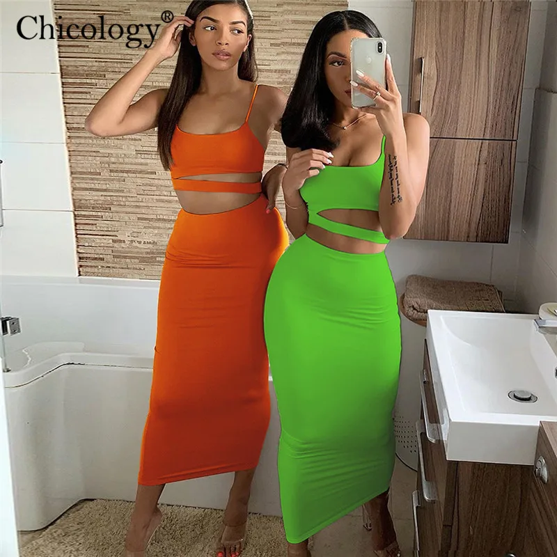 

Chicology hollow out crop tank top high waist midi skirt 2 two piece matching set 2019 autumn winter women party elegant clothes