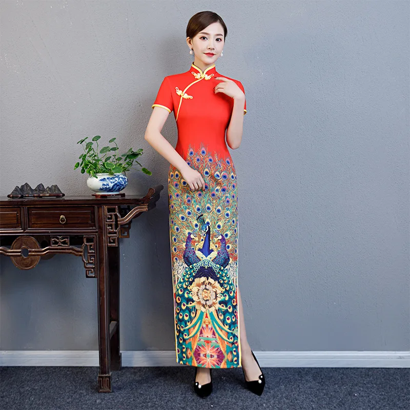 

Платье-Ципао женское атласное с воротником-стойкой, винтажный элегантный вечерний наряд в традиционном китайском стиле, с принтом павлина, ...