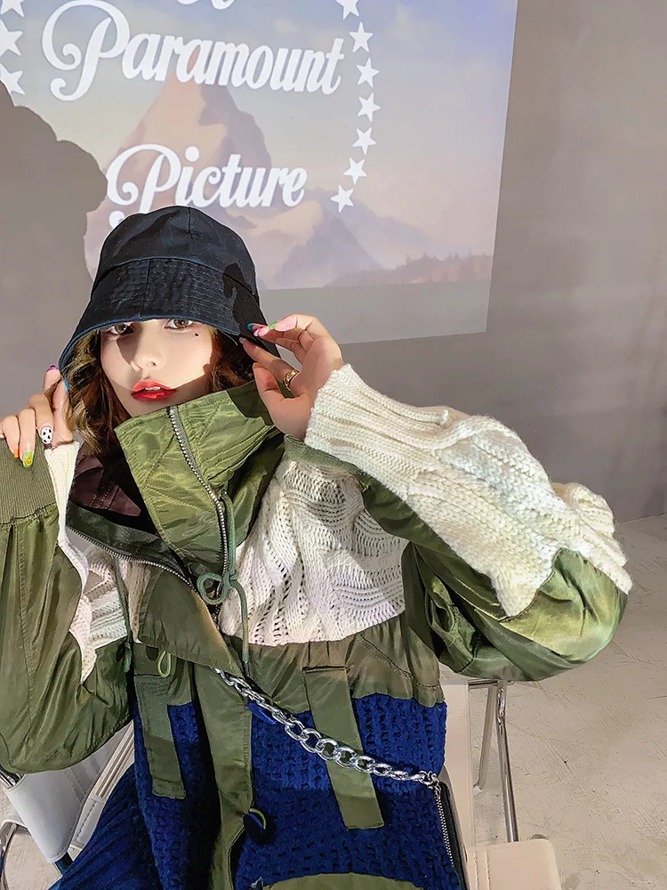 Vefadisa Black Green Plus Size Patchwork Hooded Women Sweater 2020 Fall Stitching Color Knitting Coat Cardigans QYF3878 |