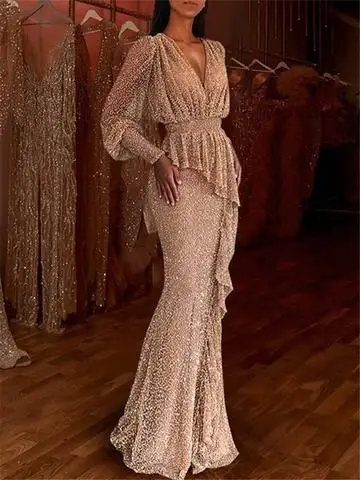 

Женское вечернее платье с V-образным вырезом, с длинным рукавом