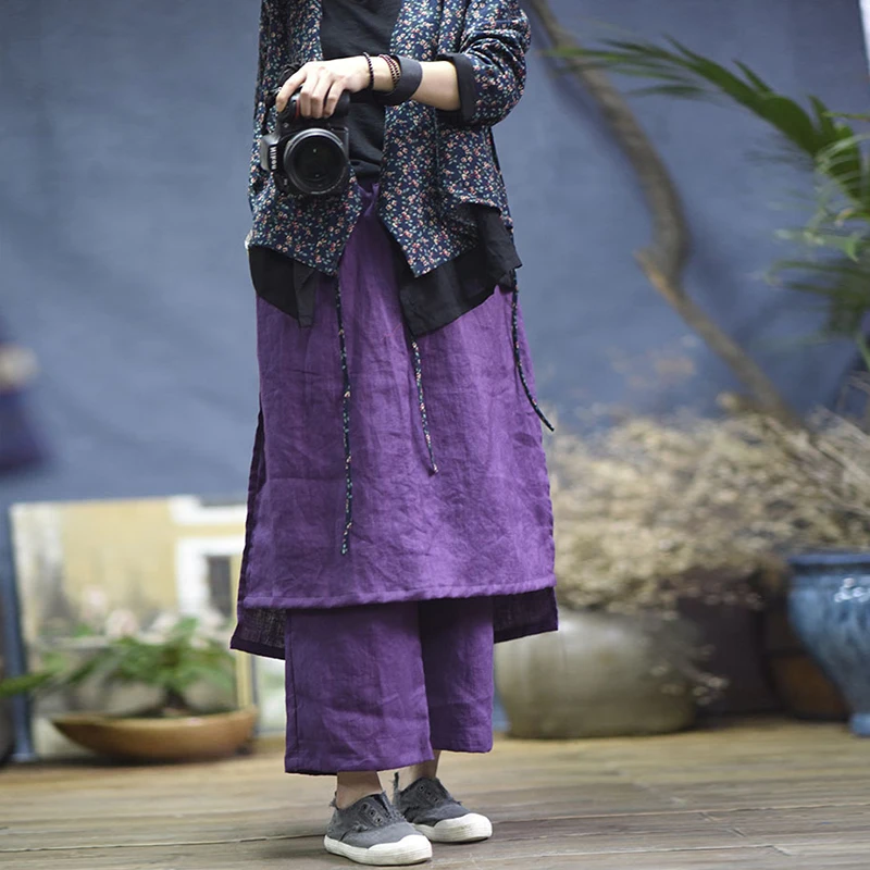 

Johnature 2020 New Women Wide Leg Loose Linen Cotton Asymmetric Pants Original Designer Plus Size Capris Elastc Waist Skirt