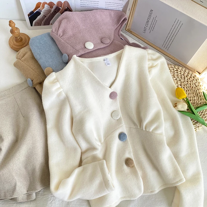 

Sweet Cute Candy Color Cardigan Girls Women Puff Sleeve Designer Tops Short Jacket Coat Female Elegant Outwear