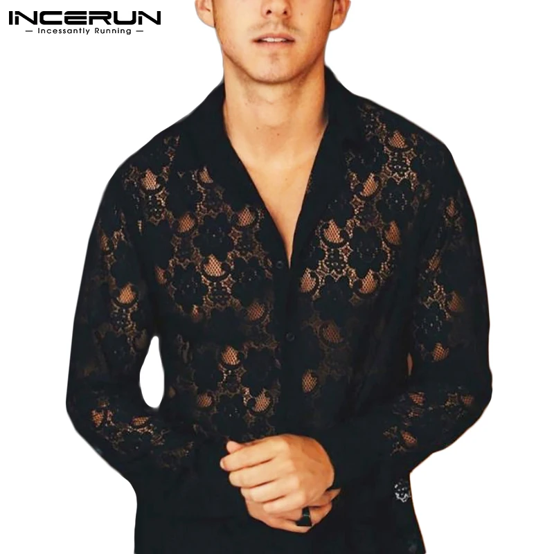 

Men Mesh Shirt Lace Lapel Long Sleeve See Through Party Nightclub Shirts Streetwear Breathable Sexy Camisa Masculina INCERUN 5XL