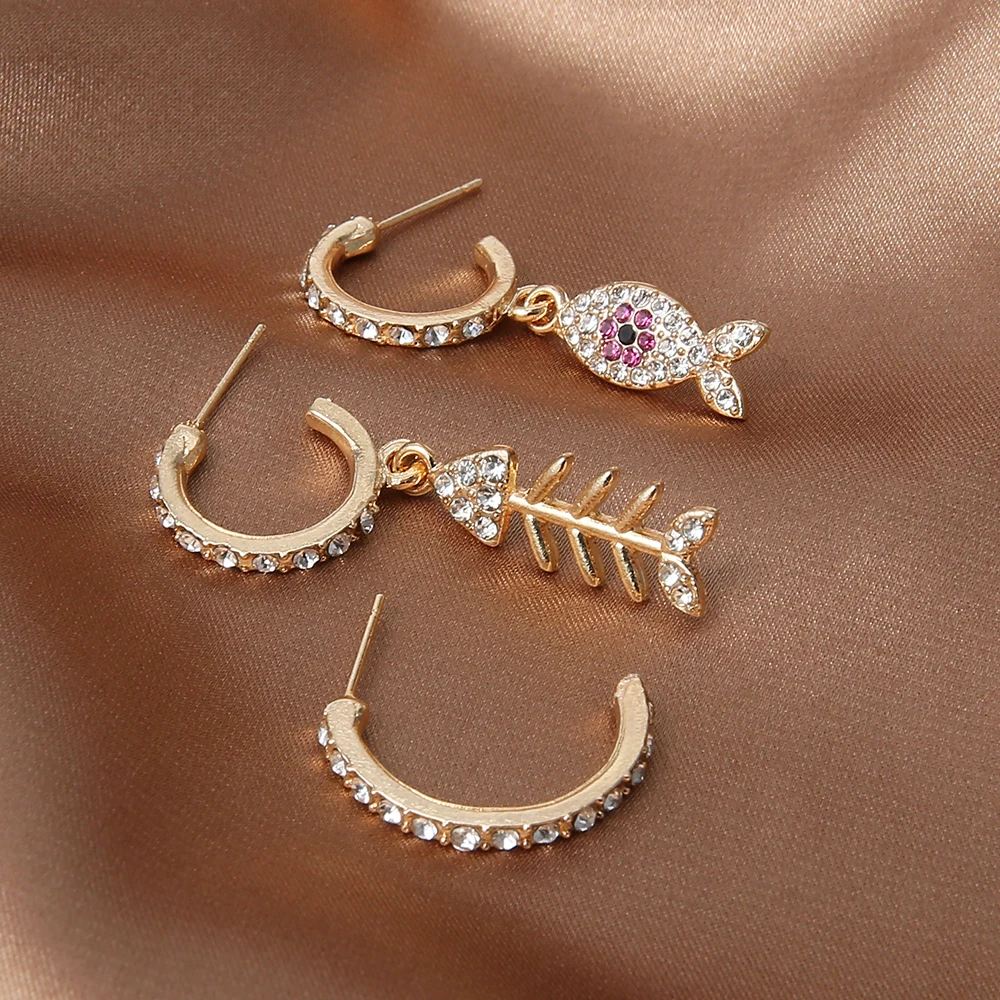 Серьги-подвески JEWDY Boho Fishbone 3 шт./компл. Стразы серьги-подвески в виде рыбы