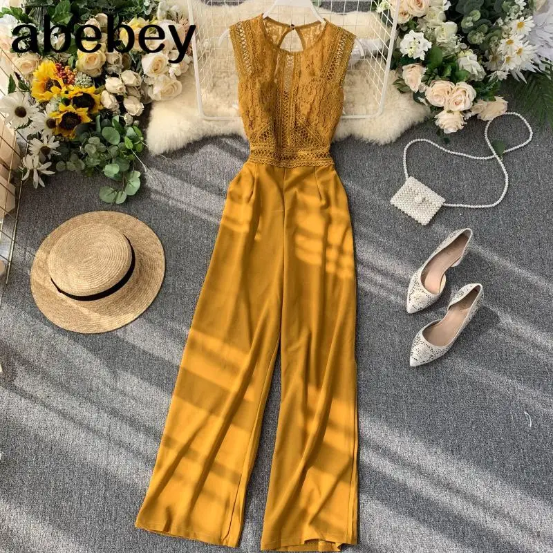 Женские летние комбинезоны без рукавов кружевные лоскутные с открытой спиной