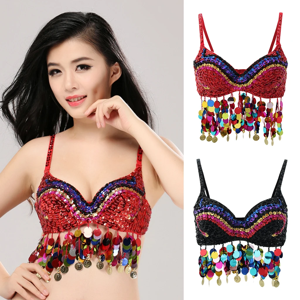 

Shiny Beaded Belly Dance Bra Tops Sequins Tassel Bra Costume Women