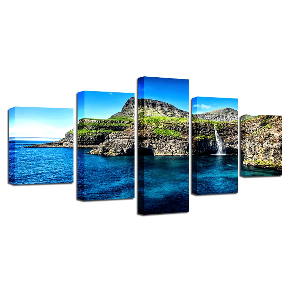 

Canvas HD Prints Pictures Landscape Poster Wall Art Framework 5 Piece Paradise Is An Island Alpine Waterfall Painting Home Decor