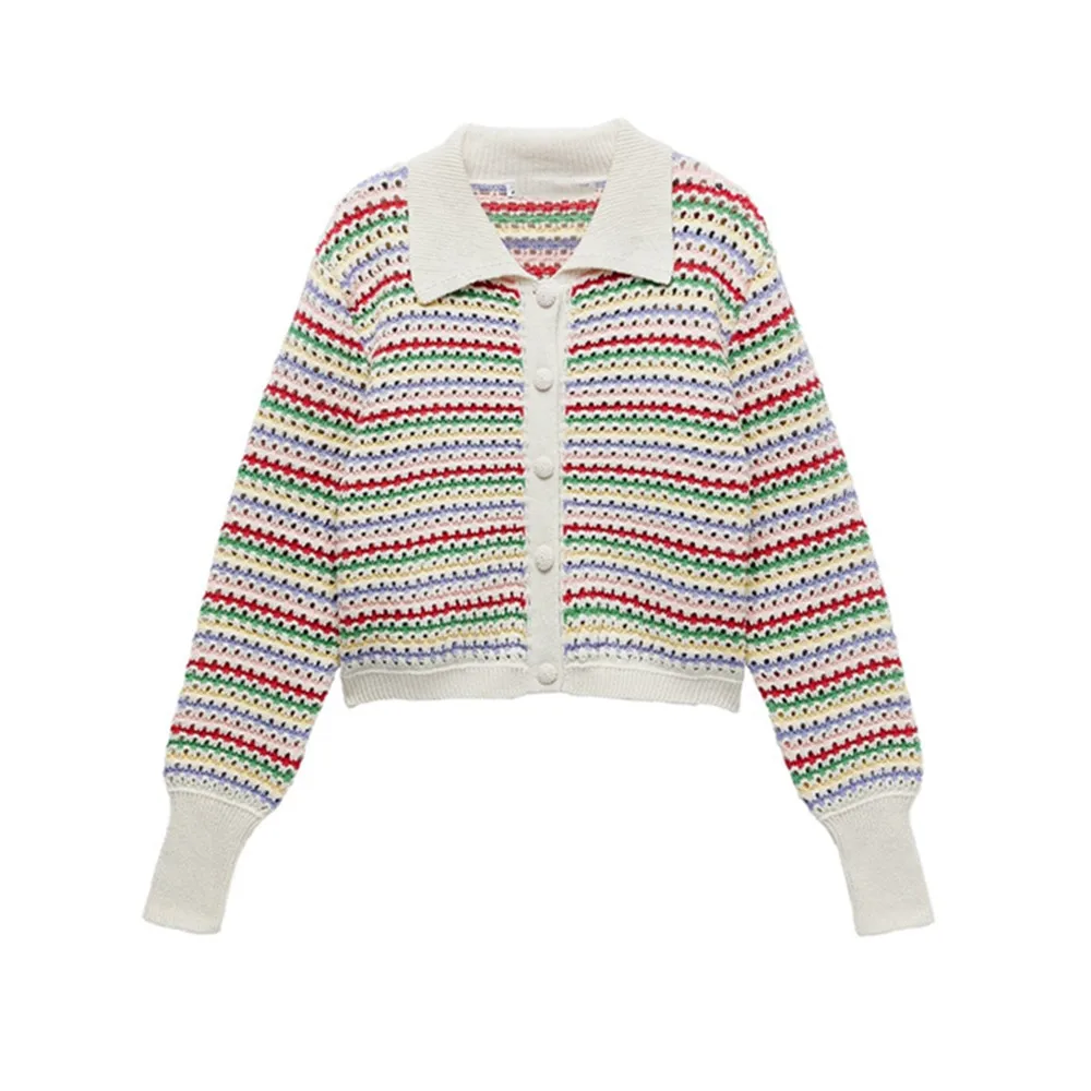 

2021 new high quality retro short button striped knitted retro cardigan sweater for women
