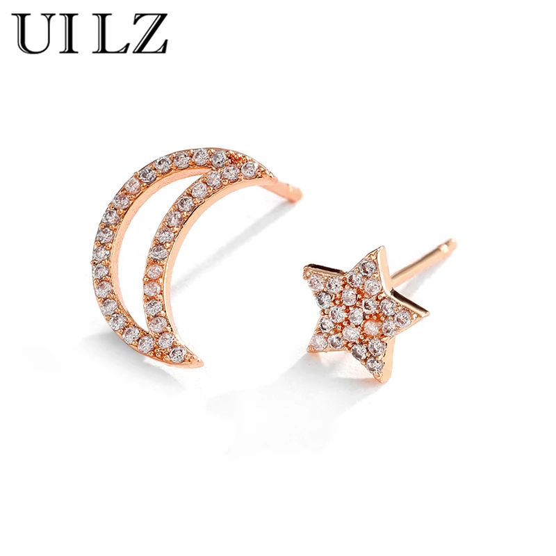 

UILZ Korean Fashion Women Star Moon Shape Asymmetry Cute Stud Earrings with Cubic Zirconia Five Pointed Star Girl Party Jewelry