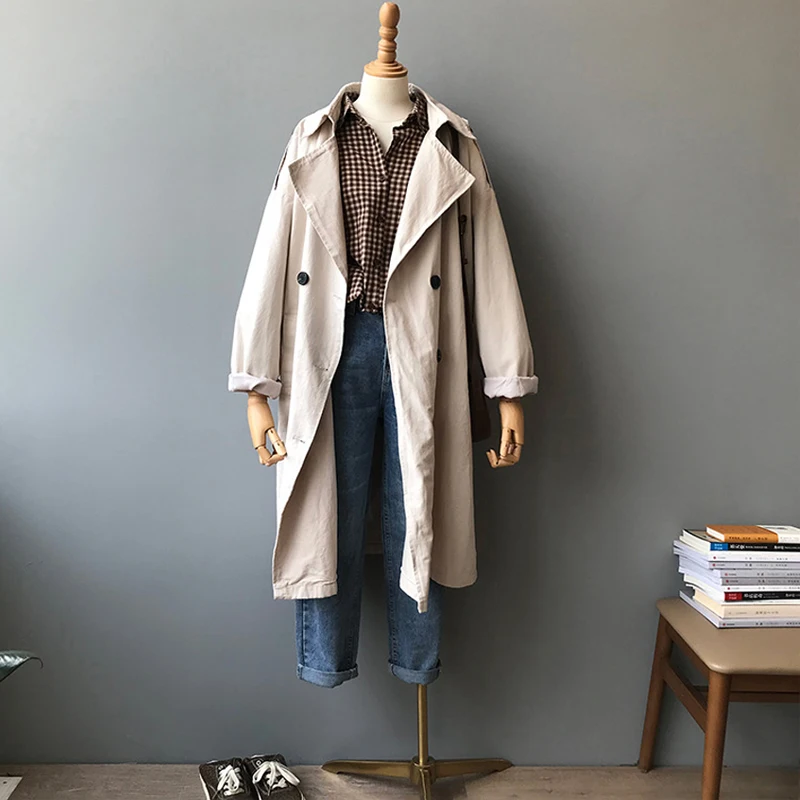 Женский тренчкот оверсайз бежевое темно-синее длинное пальто для осени и зимы 2019