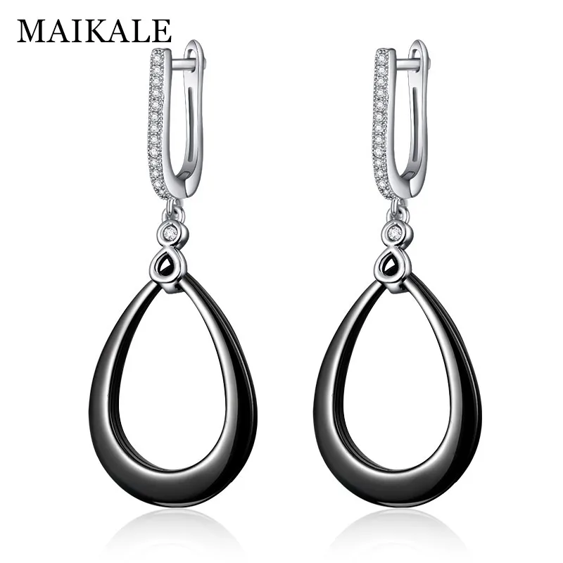 silver black MAIKALE, новые модные черно-белые керамические Висячие серьги для женщин, Овальный Круглый Цирконий, золотые серебряные серьги-подвески ювелирные изделия, подарки - Окраска металла: silver black