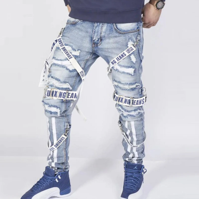 Ripped Jeans Biker Men's Wear Men's Jeans Summer Man Slim Trousers Fashion Baggy Jeans with Design Autumn Straight Pants