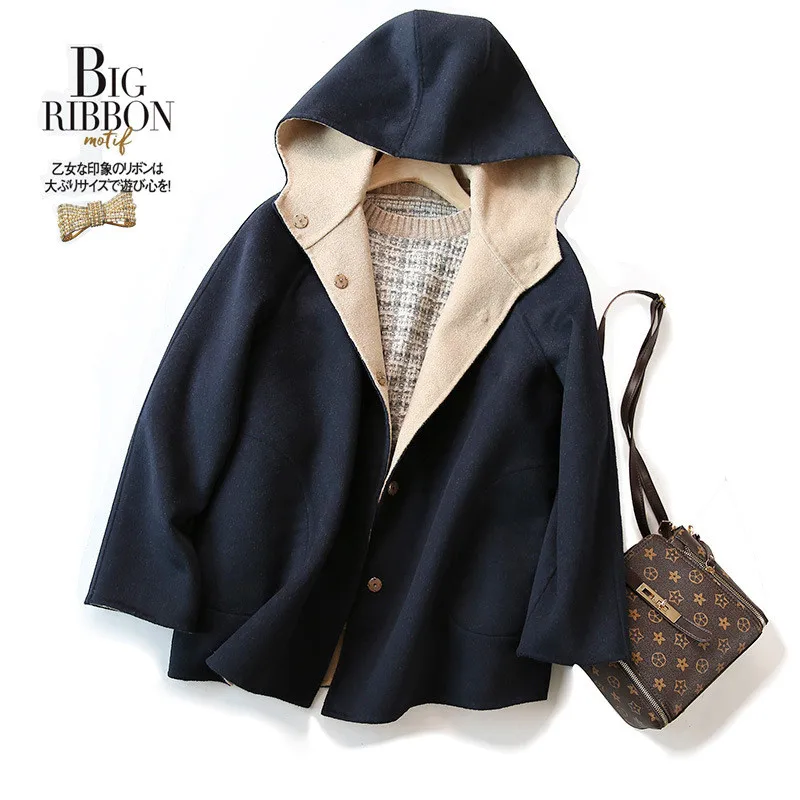 

2020Handmade Double-sided Hooded Pure Color Casual Slim Woolen Coat Autumn And Winter Coat Female Japanese New Products B028