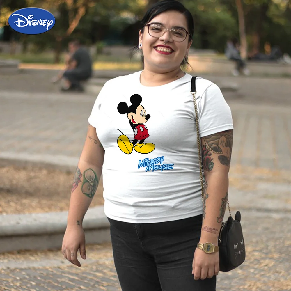 

Футболки Disney с Микки Маусом для женщин, уличная одежда больших размеров, забавный, модный, европейский, с короткими рукавами, мягкая ткань, о...