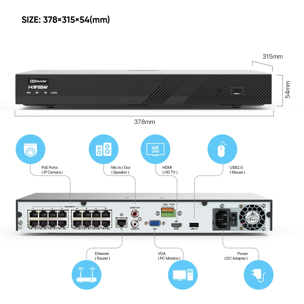 H.View 16Ch 4K Ultra Hd Cctv Camera Security System 8Mp Video Surveillance Kit H.265 Outdoor Audio Record Poe Ip Nvr Set | Безопасность