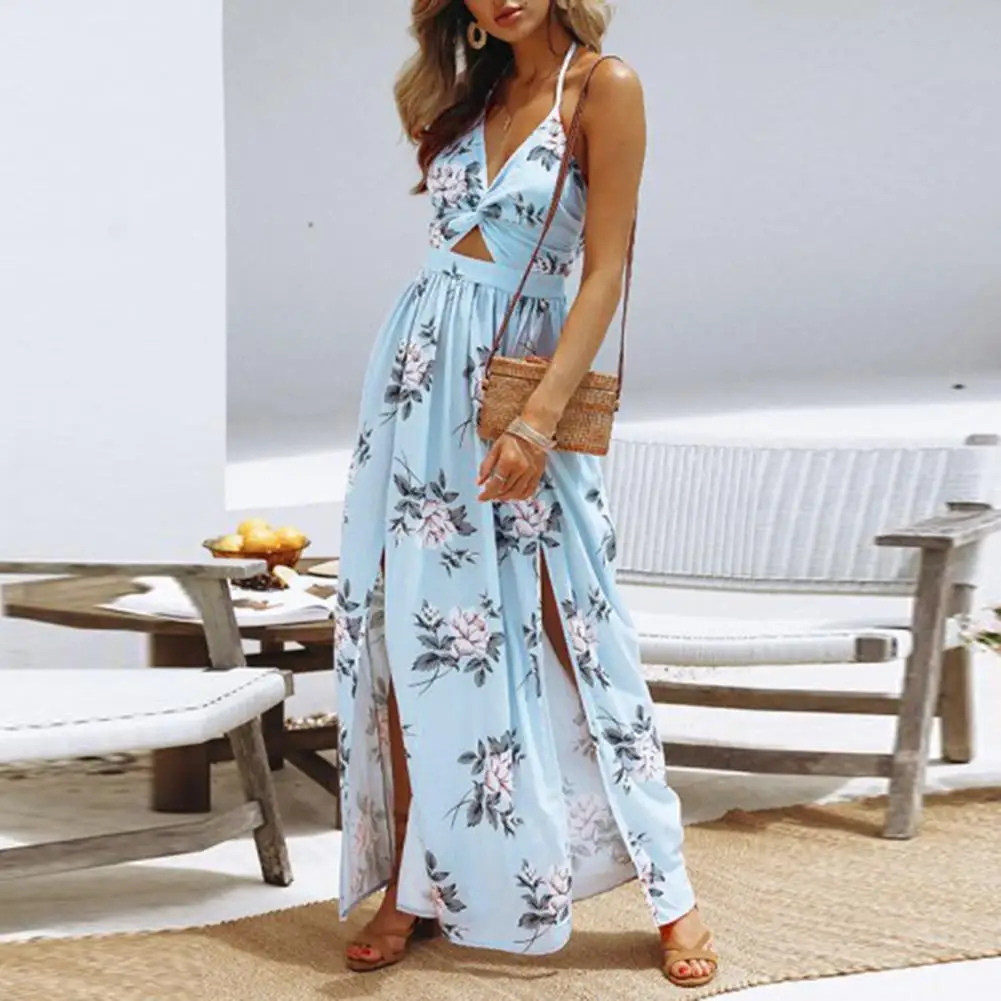 

Ladies Maxi Dress Floral Print Halter Large Hem Bow Summer Off Shoulder Sleeveless Backless Sundress Dresses for Women 2021