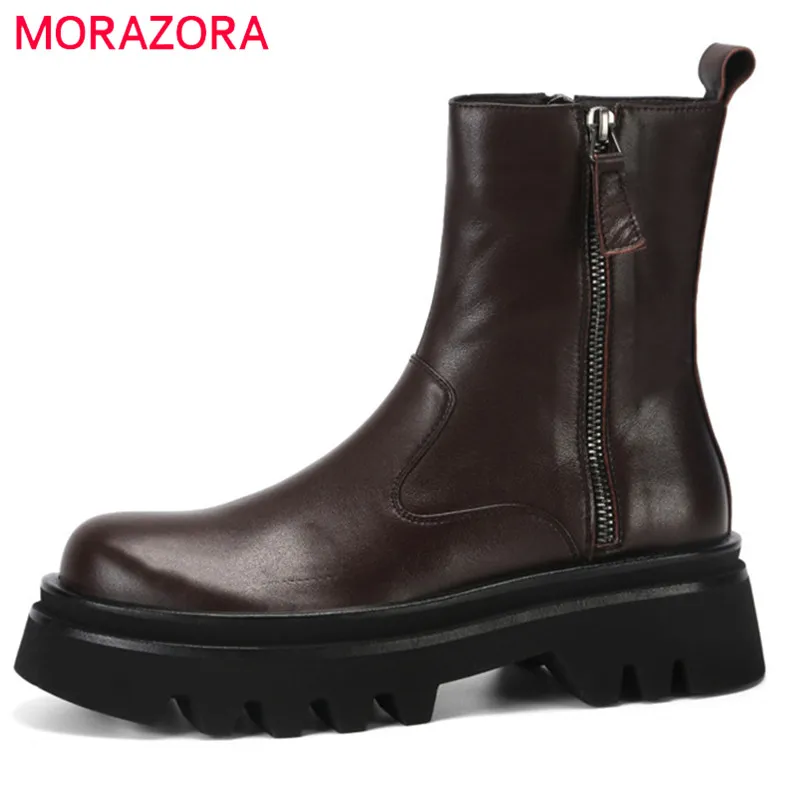 

MORAZORA Hot Sale Motorcycle Boots Women Genuine Leather Shoes Autumn Winter Platform Shoes Low Heels Casual Women Ankle Boots