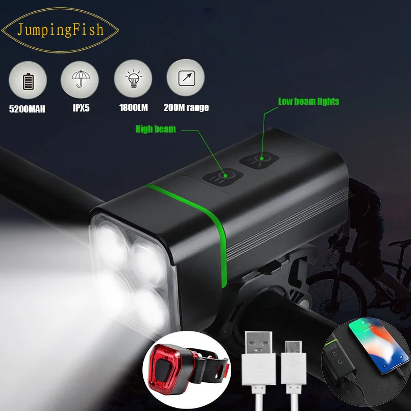 

5200mAh Bike Light USB Rechargeable 2000 Lumens Bike Headlight 4T6 LED Super Bright Flashlight Front Lights and Back Rear light