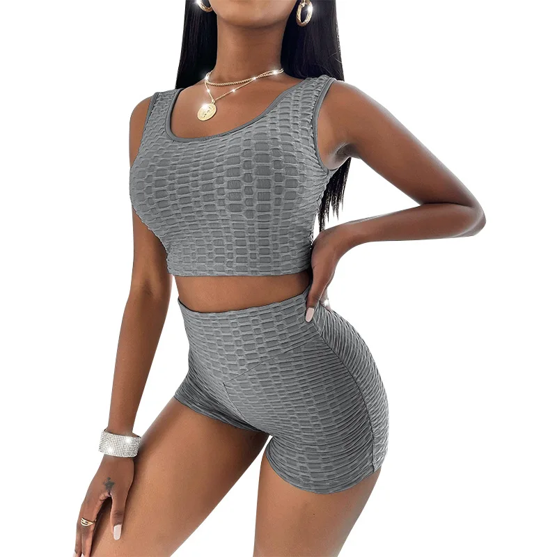 

2021 summer new women's pineapple grid solid color shorts sports vest suit female 2-piece set