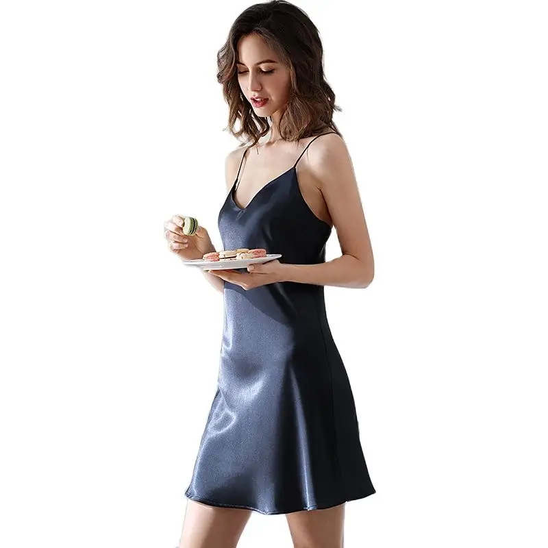 Летняя шелковая ночная сорочка на бретельках рубашка из сатина и шелка без