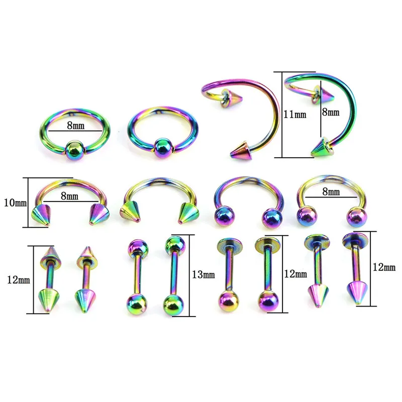 

16PCS/Set Stainless Steel Spiral Belly Tongue Bar Ring Eyebrow Piercing JewelryTitanium Anodized Body Jewelry Helix Piercing Ear
