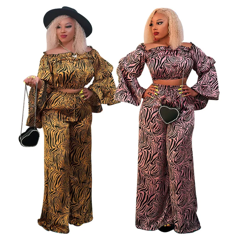 

2021 New Plus Size Autumn Women Sets Sexy Slash Neck Bell Long Sleeves Shirt and Wide Leg Two Pieces Party Outfits XL--4XL