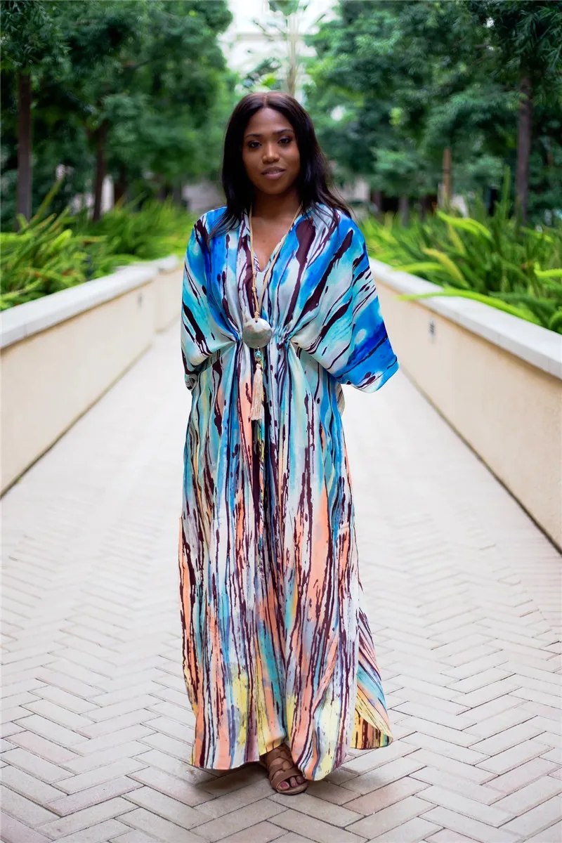 2020 Bohemian Printed Tropical Summer Beach Dress Muticolored Cotton Tunic Women Plus Size Beachwear Maxi Robe plage | Женская одежда