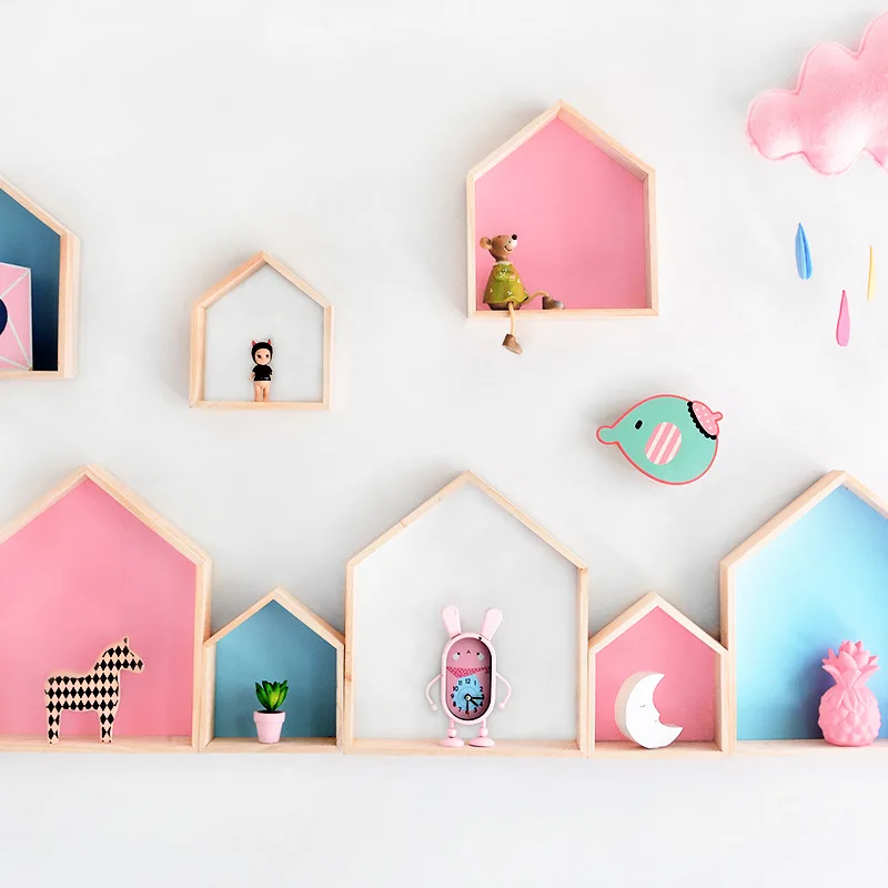 

2Pcs Wall Mounted Shelf Wooden House Shaped Floating Shelves Kids Room Decorative Storage Rack Organizer Girl Boy Bedroom Decor