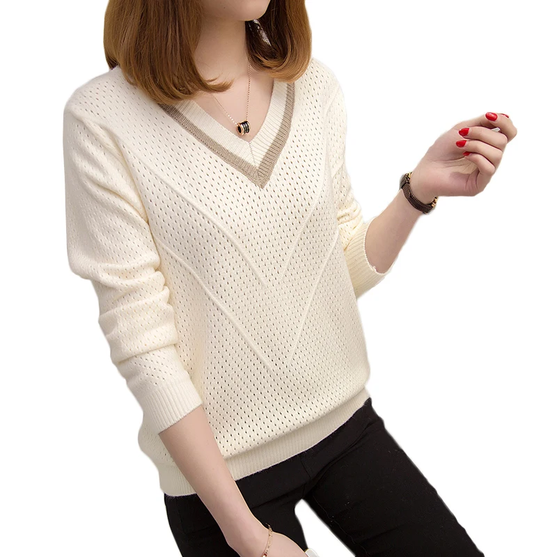 

Autumn Winter Sweater Women Pullovers Warm Hollow Sweaters Loose Knitted Sweater Female V-neck Small Fresh Sweater Tops