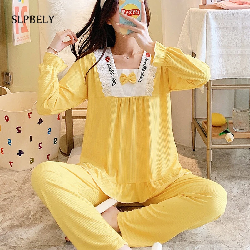 

Женский пижамный комплект SLPBELY, осенняя Пижама с бантом в стиле принцессы, ночная одежда с длинным рукавом, домашняя одежда, женская пижама, ...