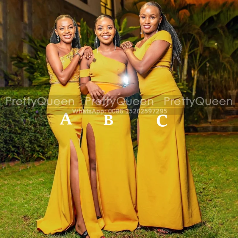 

Mermaid Long Bridesmaid Dresses With Appliques Gold Yellow One Shoulder Side Split African Girls Wedding Party Dress Formal