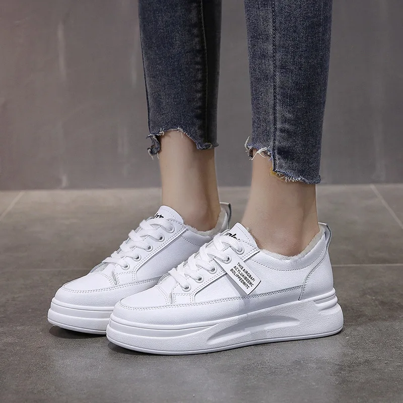 

SWYIVY PU Casual Shoes Women Sneakers Solid Winter Shoes Ladies 2019 Fashion Shallow Short Plush Sneakers For Women Flat Shoe