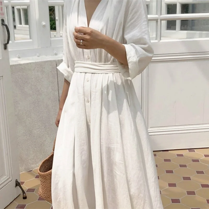 

2021 Women Spring Summer Vintage Elegant Lace Up A-Line Dress Ladies Fold Pleated Big Hem Bottoms V-Neck Wrist Solid Long Dress