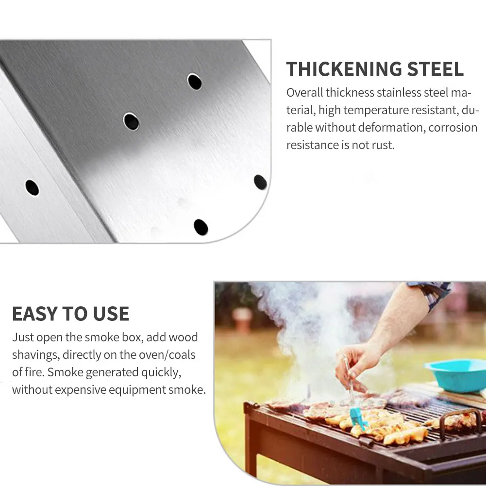 

Grill Smoker Box Gas Charcoal BBQ Non Warp Stainless Steel Smoke Box For Wood Chips Smoky Barbecue Flavor Grilled Meat Silver