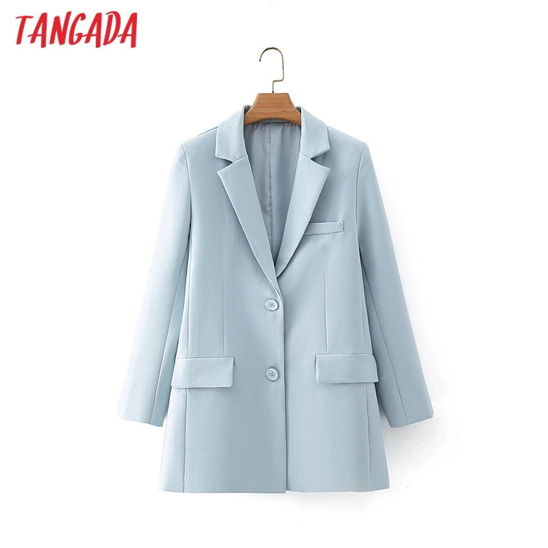 

Tangada Women Blue Blazer Coat Vintage Notched Collar Pocket 2021 Fashion Female Casual Chic Tops DA09