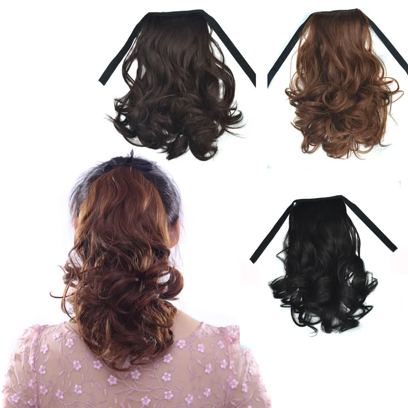 

Synthetic Short Wavy Hair Ribbon Drawstring Ponytails Black Brown Color Hairpiece Pony Tail Extension