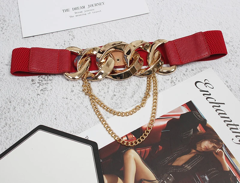

White Pu Leather Chain Long Elastic Wide Belt Personality Women New Fashion Tide All-match Spring Autumn 2021 1DD0110
