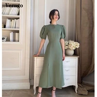 verngo modest pale old green a line evening dresses half puff sleeves jewel neck tea length formal party prom gowns for women